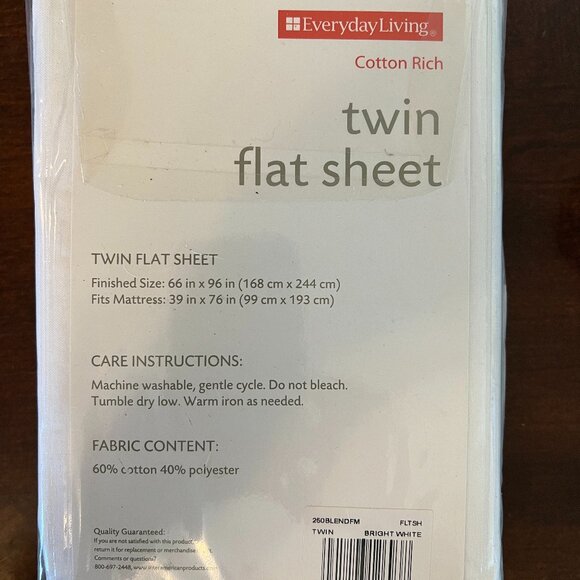 Everyday Living White Twin Flat Sheet 250 thread count ~ 66" x 96" Finished NIP - Picture 2 of 3